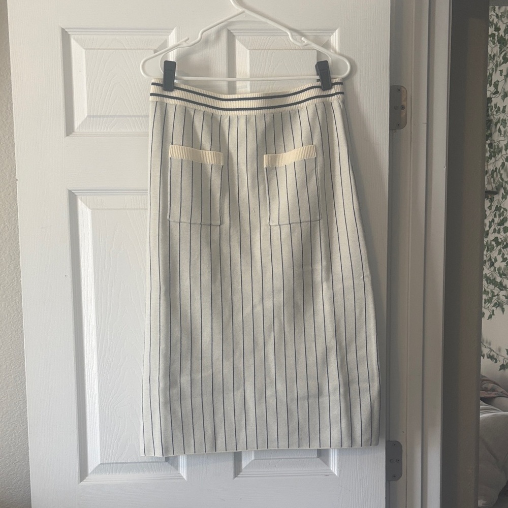 Cream Pinstripe Pencil Skirt with Pocket Detail